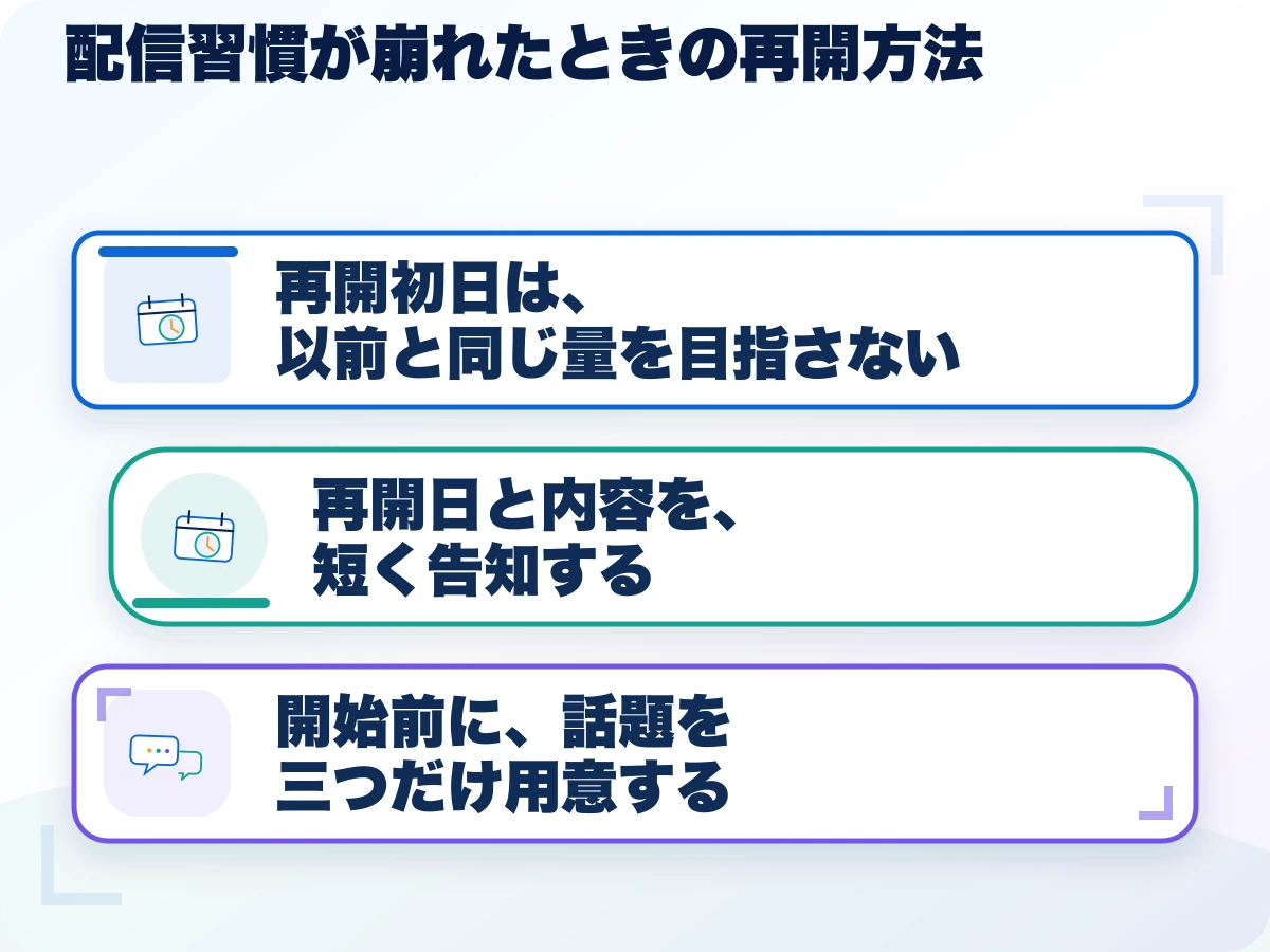配信習慣が崩れたときの再開方法の三つのポイント