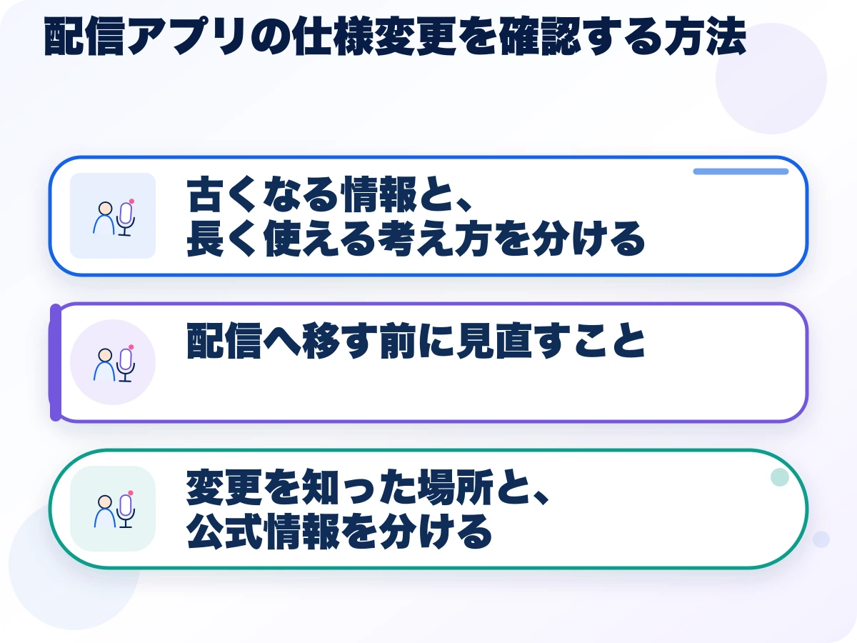 配信アプリの仕様変更を確認する方法の三つのポイント
