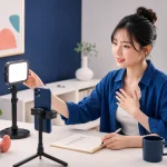 初配信前にスマートフォン、照明、話す内容を落ち着いて準備する様子