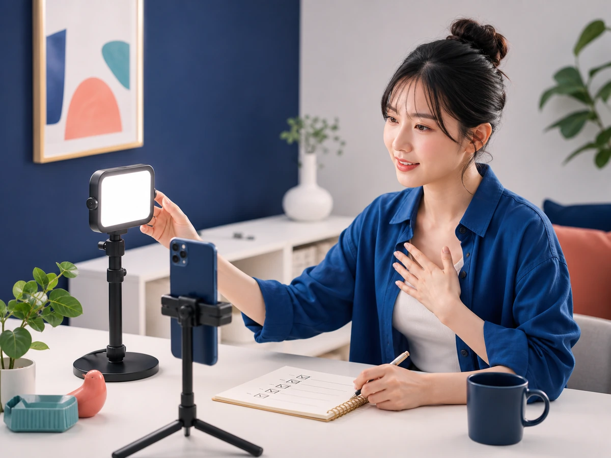 初配信前にスマートフォン、照明、話す内容を落ち着いて準備する様子