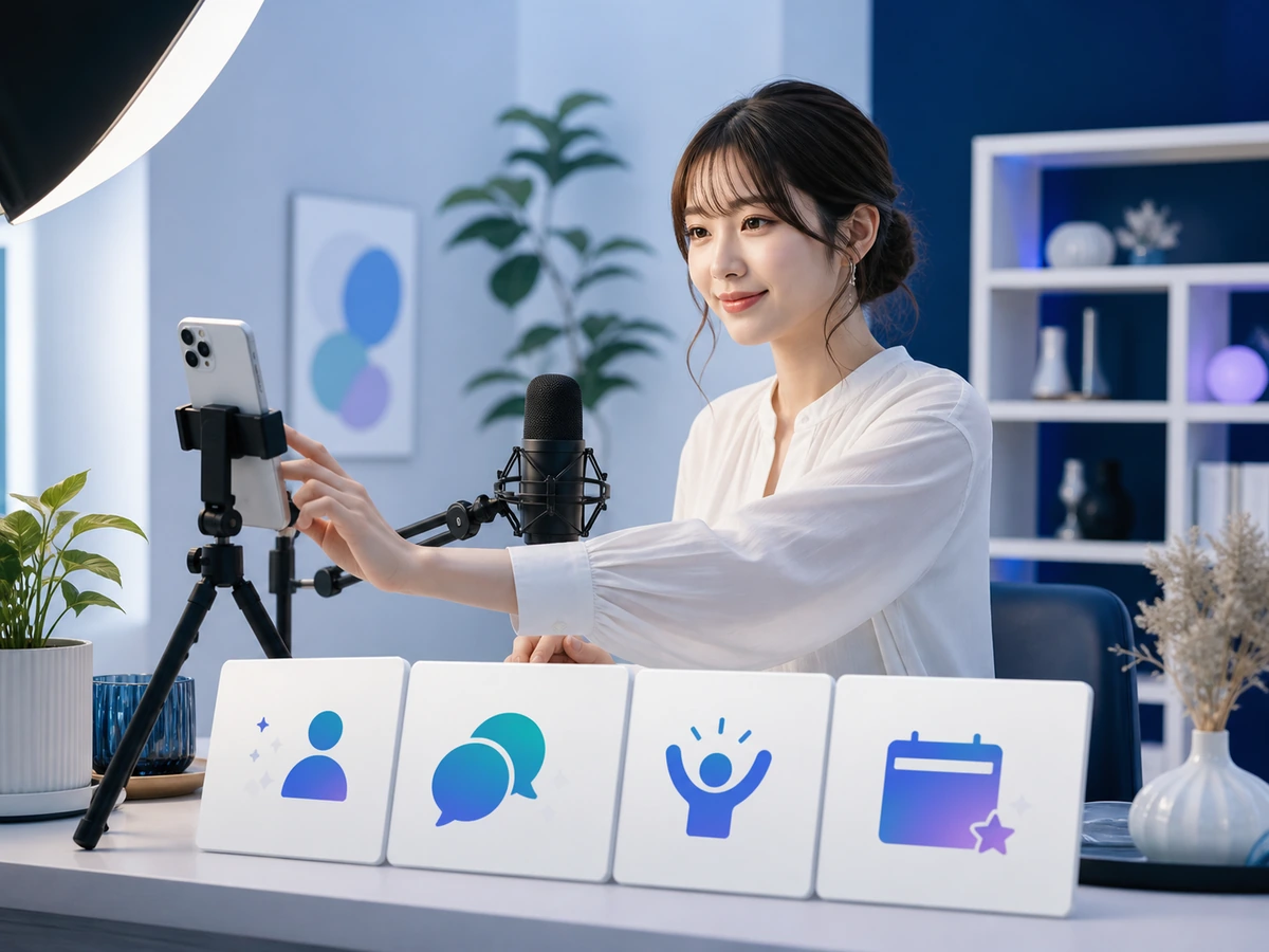 初配信当日にスマートフォンとマイクを整えて配信を始める様子