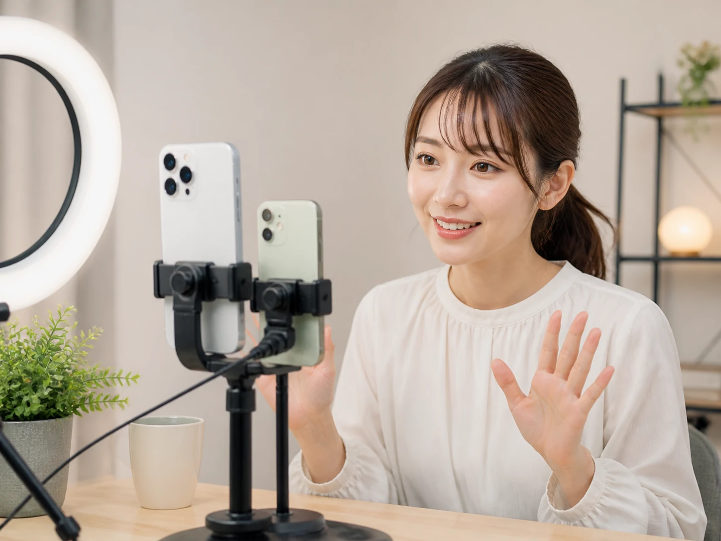 スマートフォンを固定し配信端末とコメント確認端末の位置を調整する様子