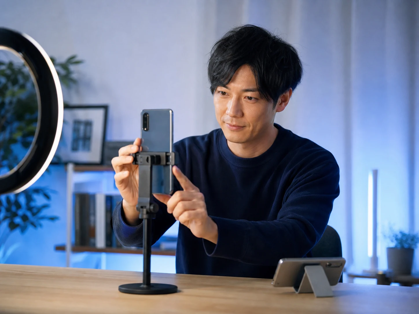 スマートフォンをスタンドへ固定して配信準備をする様子
