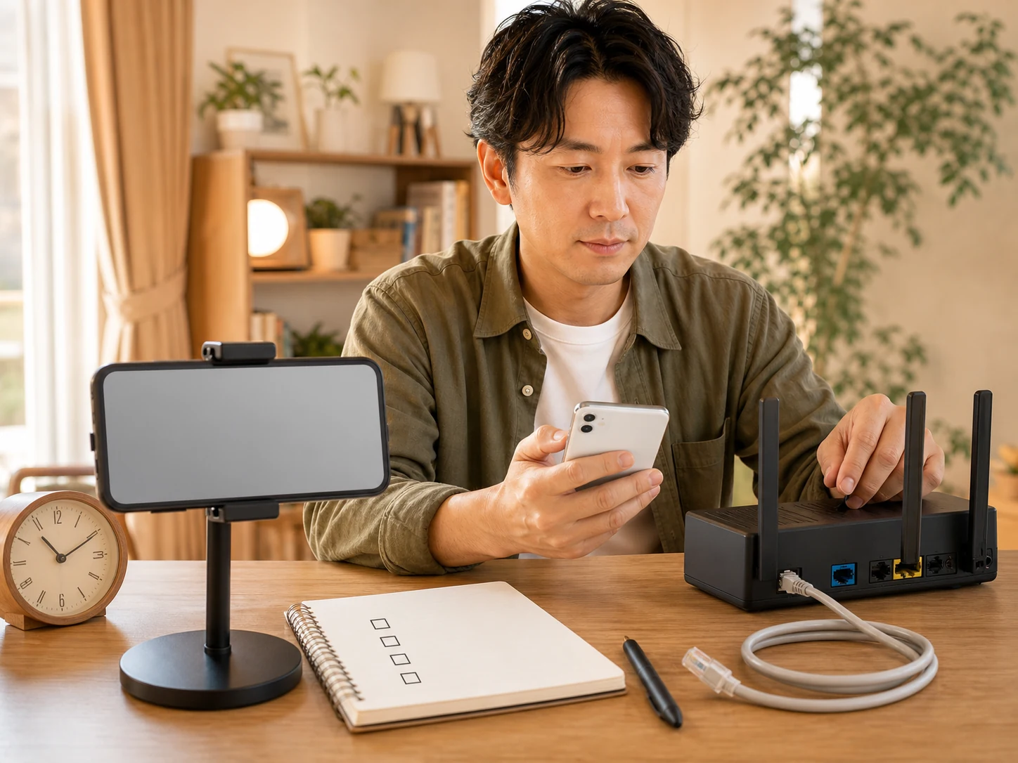 配信前に通信環境を確認し途切れた場合の終了手順まで準備する様子