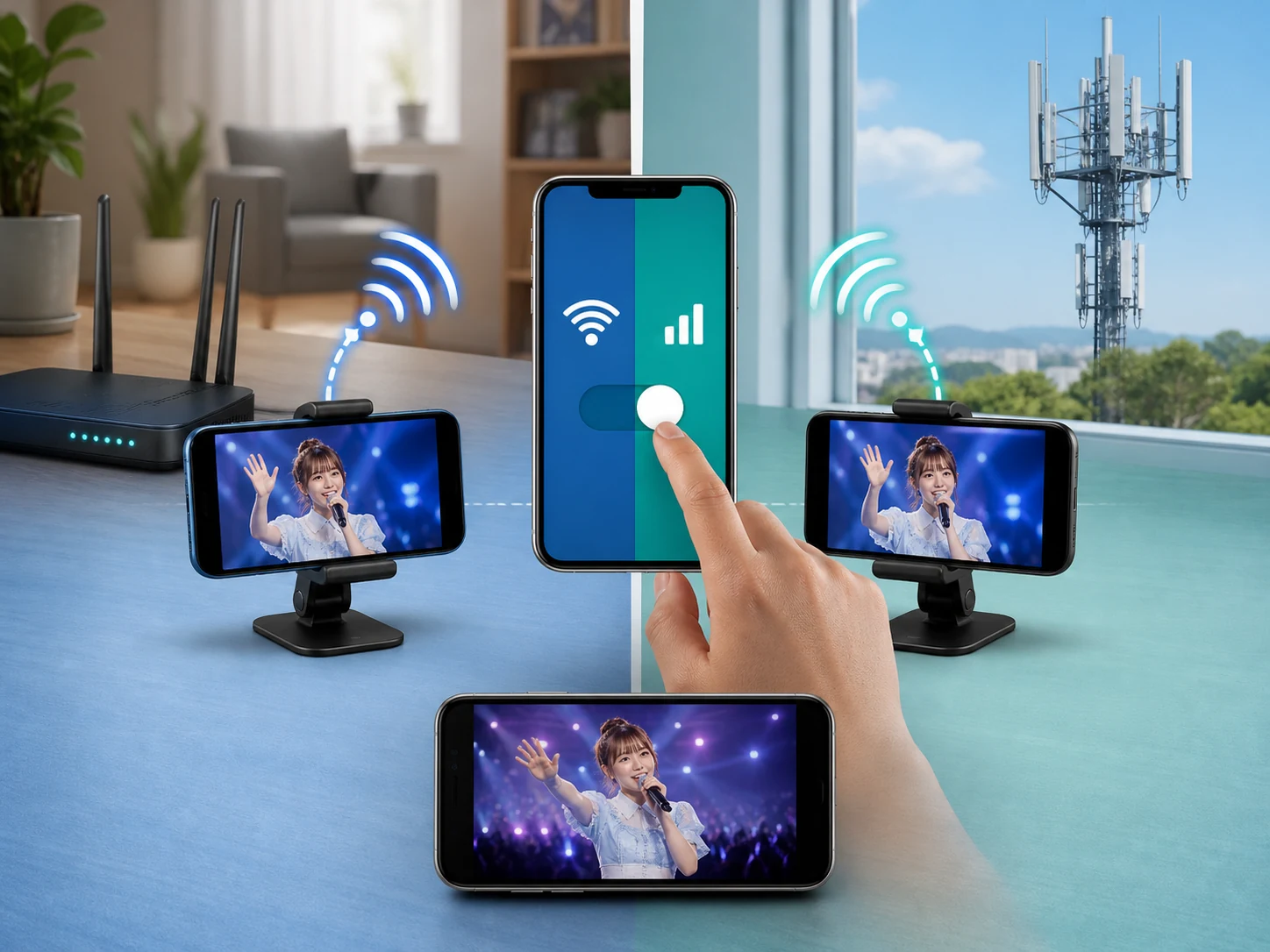 Wi-Fiとモバイル通信を一つずつ切り替えて配信テストを行う様子