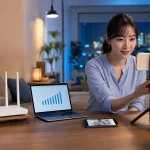 ルーターと視聴確認端末を用意して配信回線を確認する様子