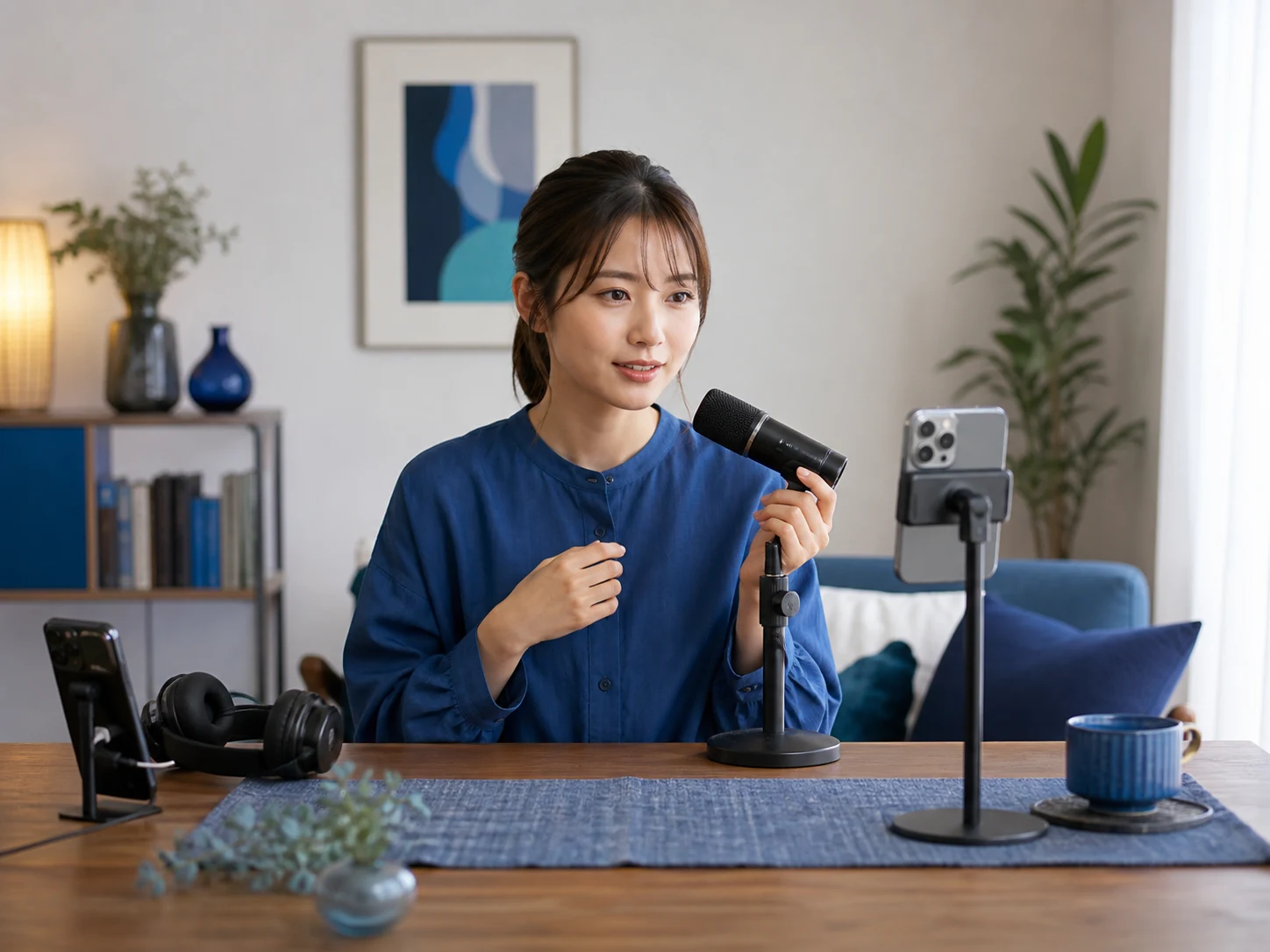 スマートフォンとマイクを固定して視聴側の音を確認する配信準備