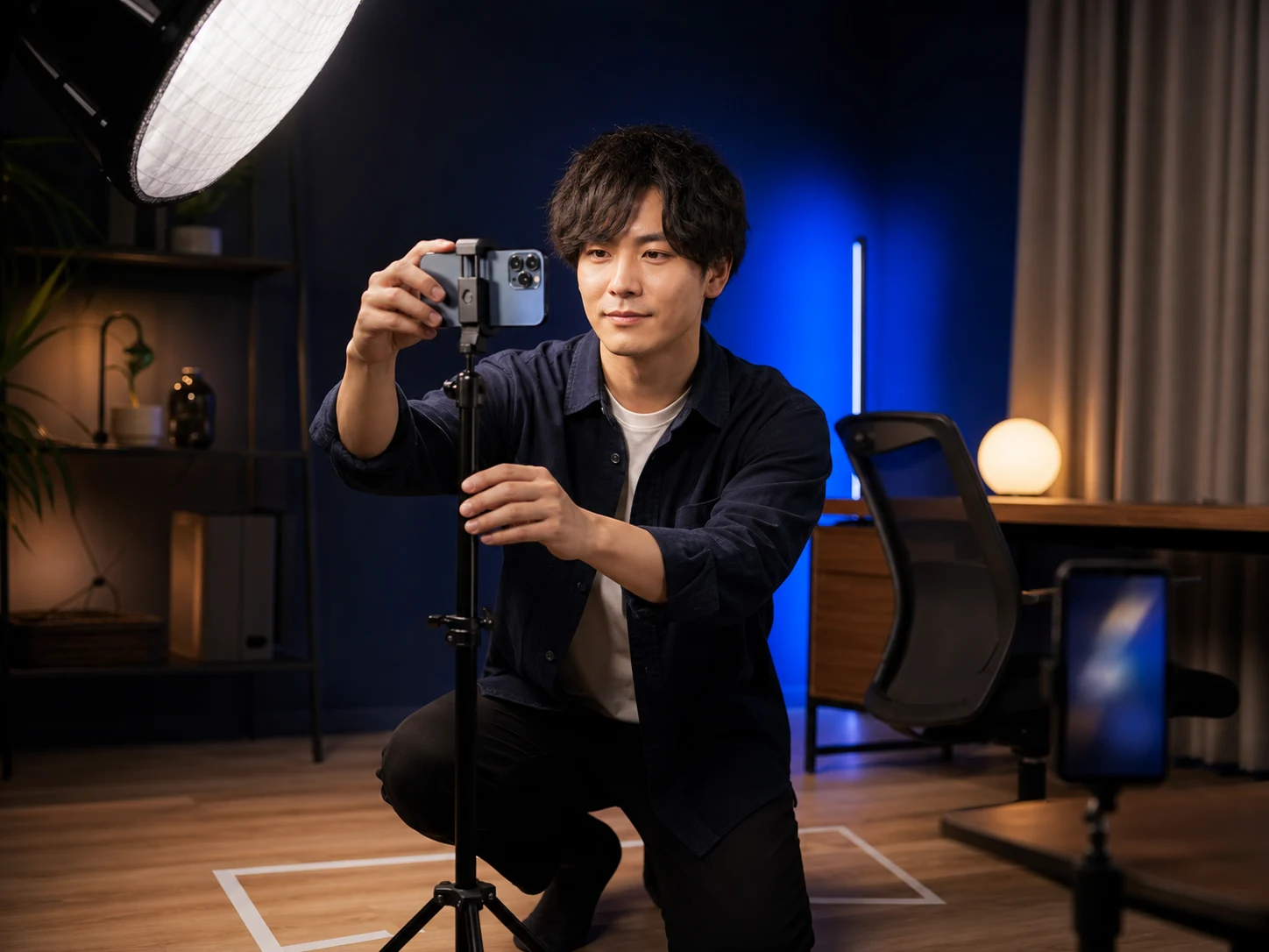 スマートフォン、照明、座る位置を調整して別端末で確認する様子