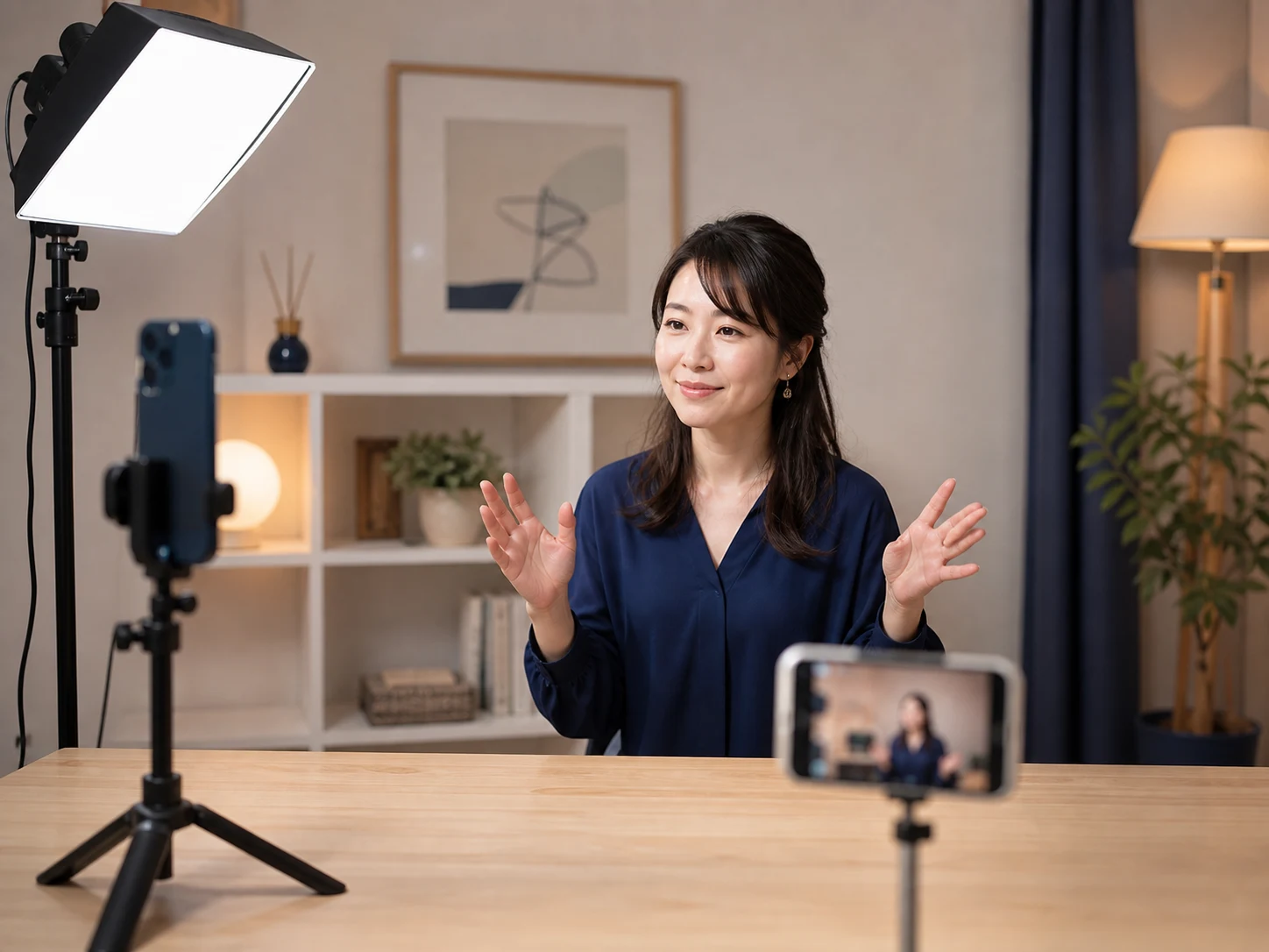 スマートフォンと照明を固定して視聴画面を確認する配信準備