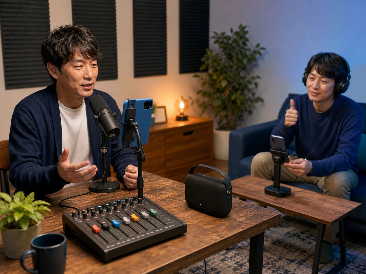 配信者の声とBGMを別端末で聞き比べる様子