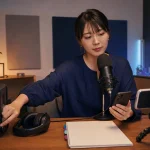 配信前に声とBGMの音量を別端末で確認する様子