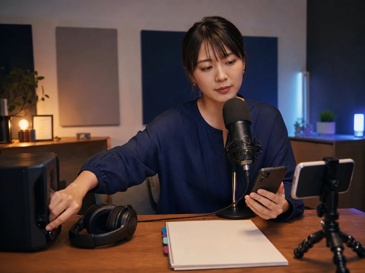 配信前に声とBGMの音量を別端末で確認する様子