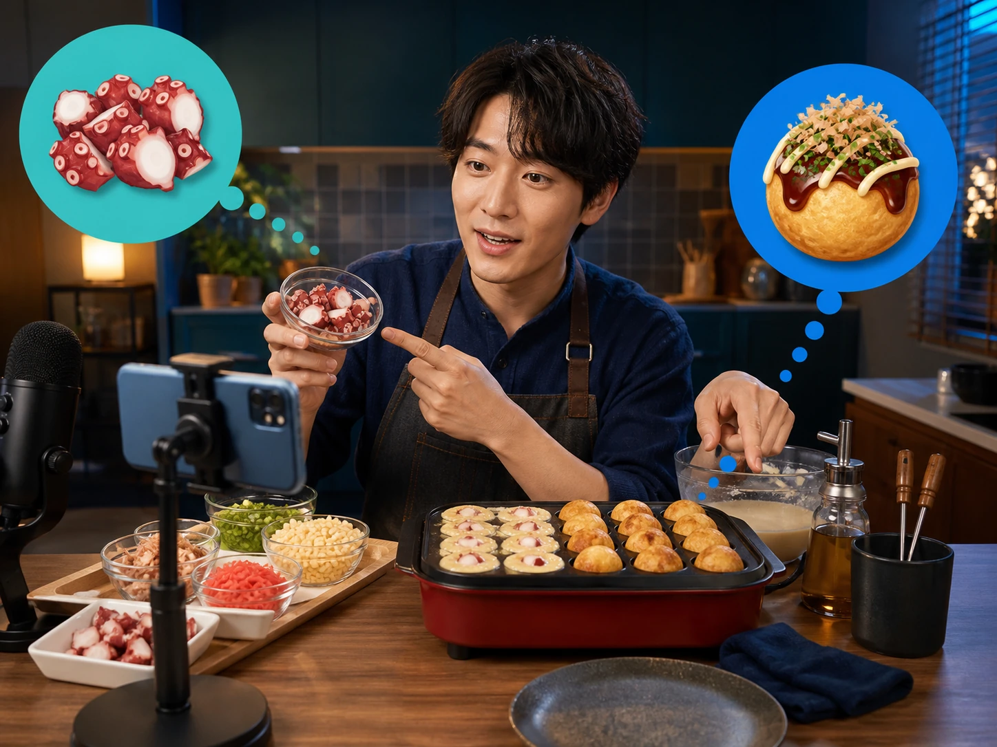 料理をしながら動作と理由と次の手順を順番に話す配信者