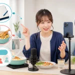 料理や音楽や手元のメモを話題にしながらライブ配信をする配信者