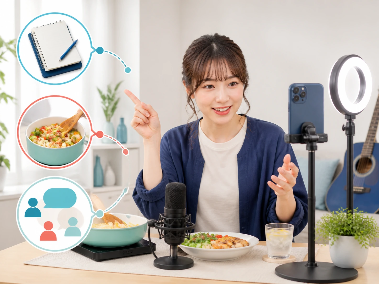 料理や音楽や手元のメモを話題にしながらライブ配信をする配信者