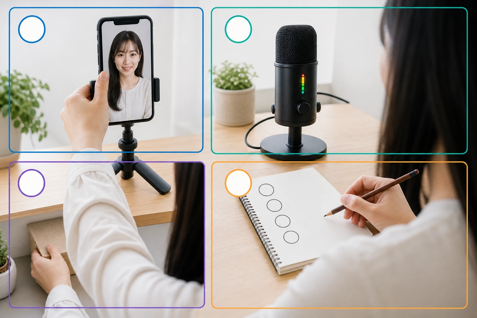 配信前に画角、音量、背景の個人情報、進行を四つの場面で確認する様子