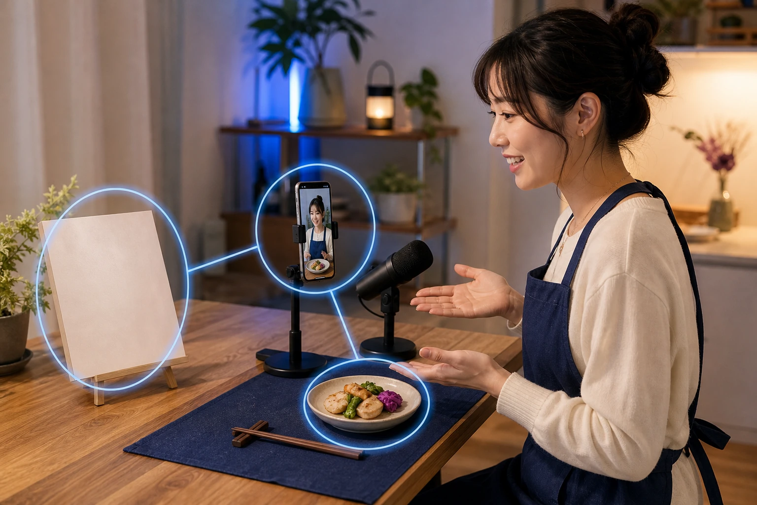 企画テーマとスマートフォンの画面と配信で見せる料理を同じ方向へ揃える様子