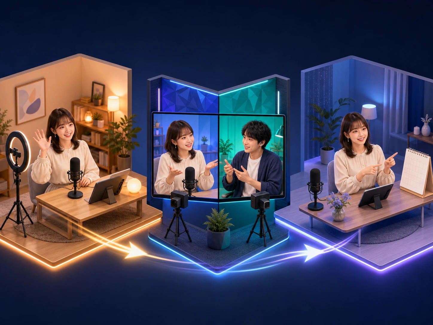 一人で始め、短いコラボを行い、自分の配信へ戻る流れ