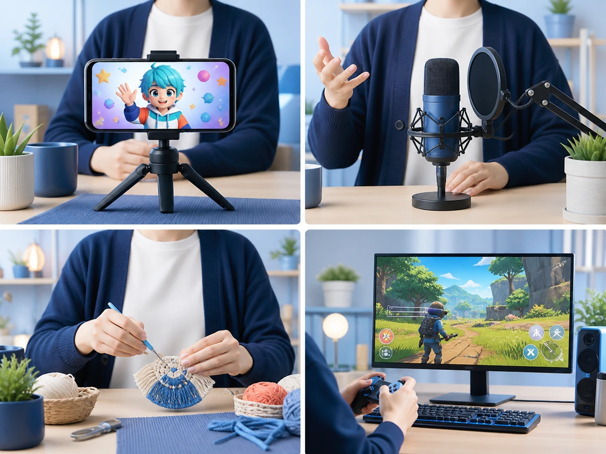 アバター、音声、手元、ゲーム画面から顔出しなし配信の形式を選ぶ様子