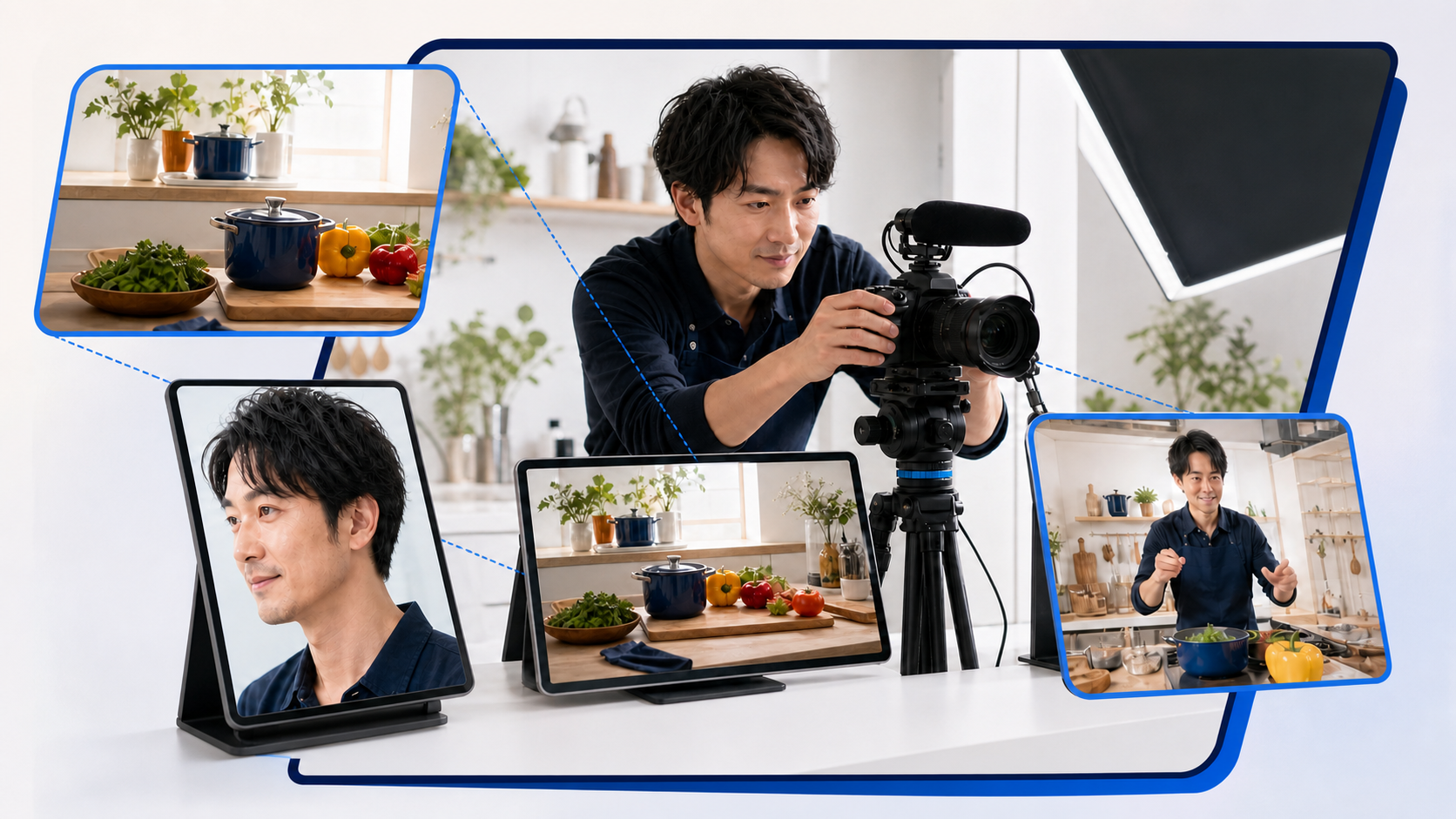 顔と料理と楽器で異なるカバー画像の構図を選ぶ場面
