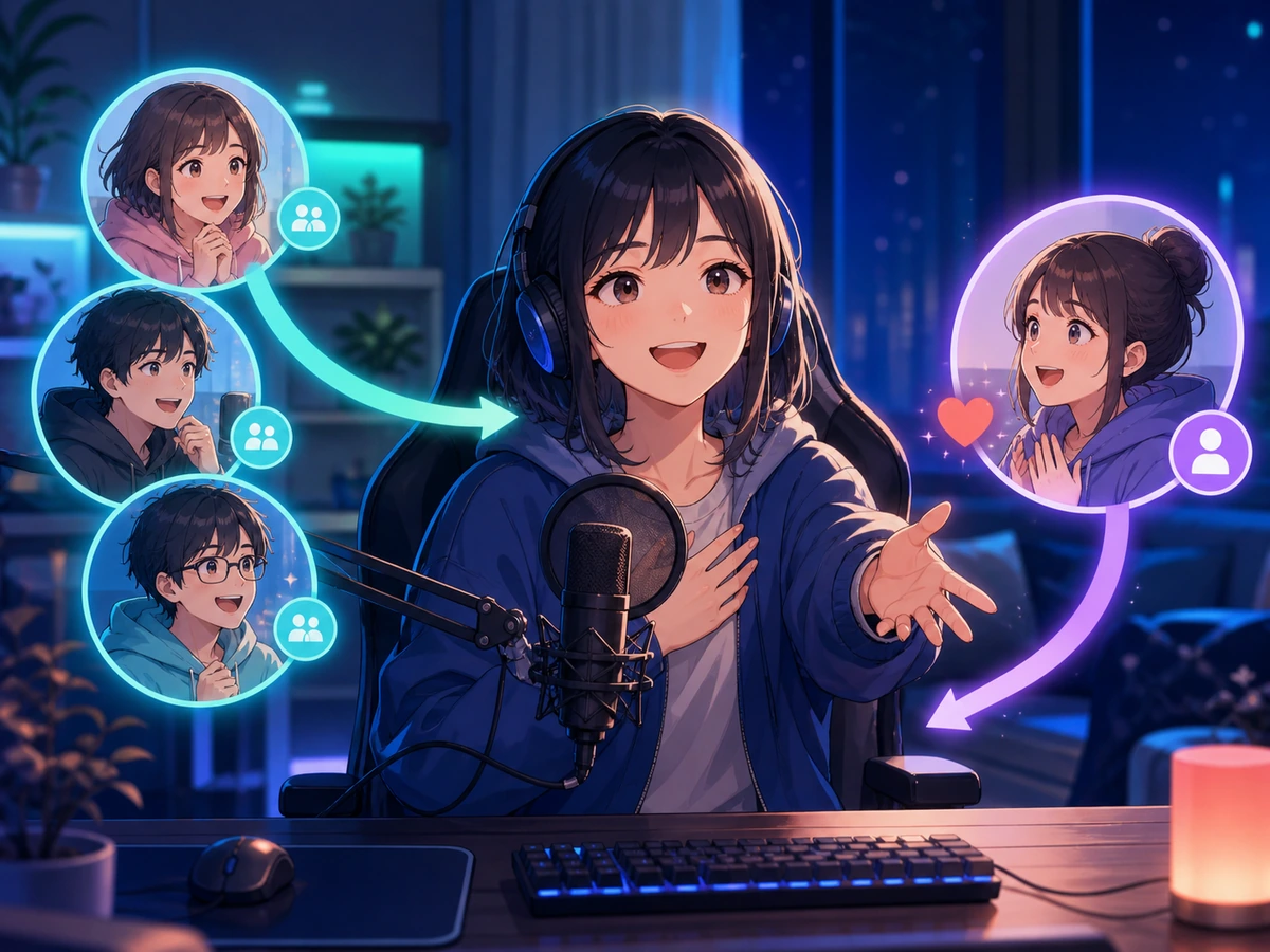 常連との会話を残しながら初めて来た視聴者へ話題を開く配信者