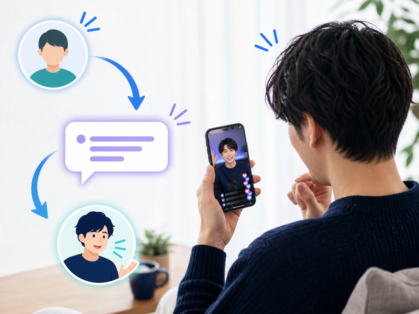 配信画面を見ながら名前、内容、返す言葉を順に整理する様子