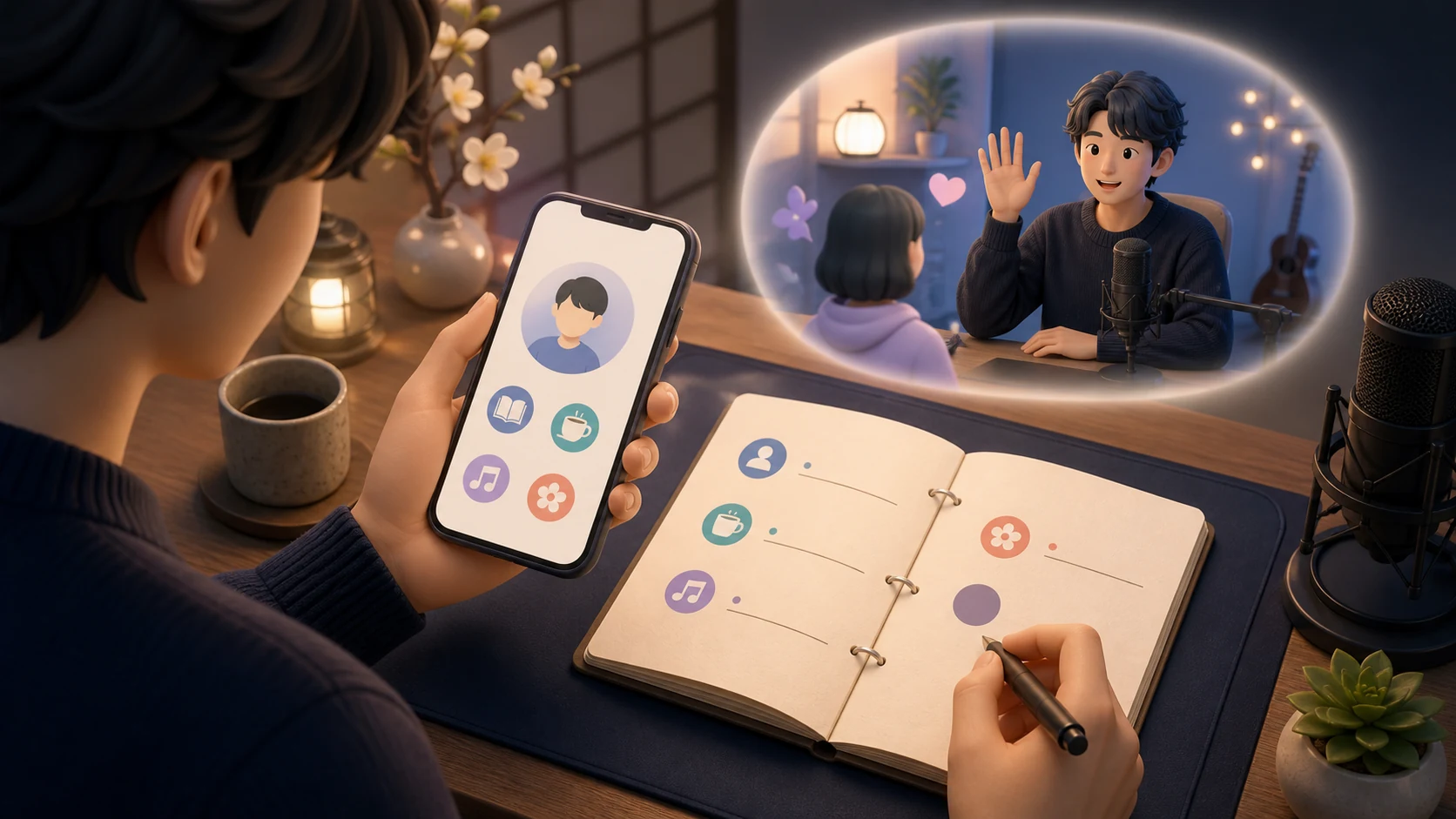 視聴者のプロフィールと前回の会話を見ながら話題をつなぐ配信者