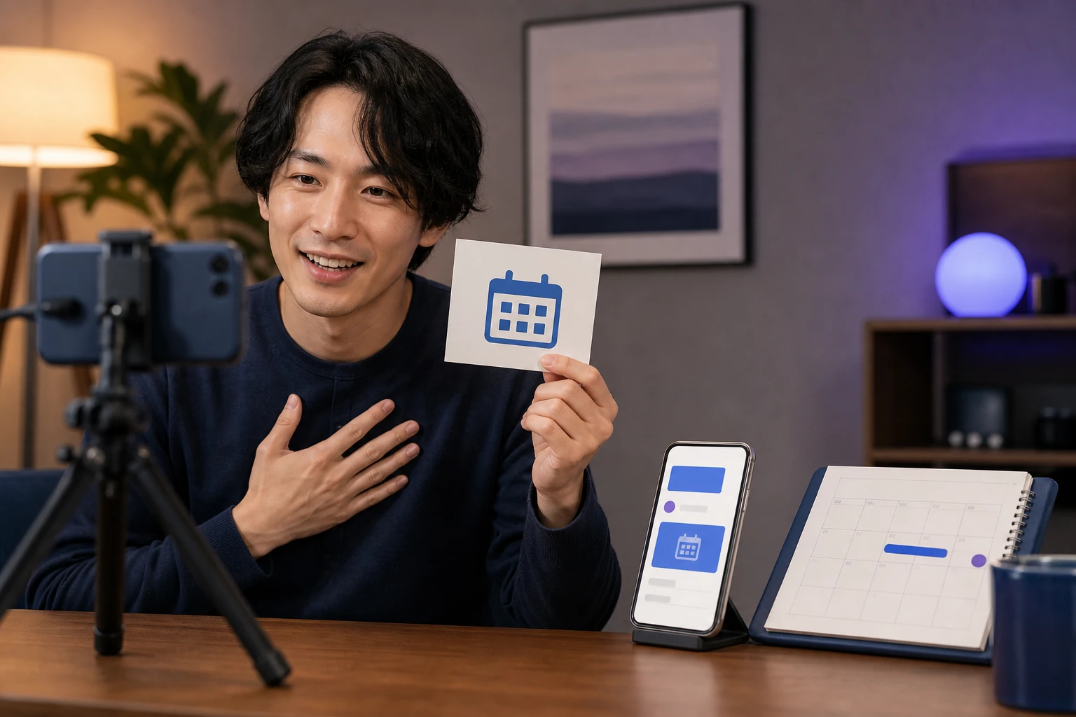 配信者がプロフィールの予定を更新し、配信終了時に次回配信を案内する様子
