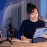 配信終了後にタブレットの記録を見ながら振り返りをメモするライバー