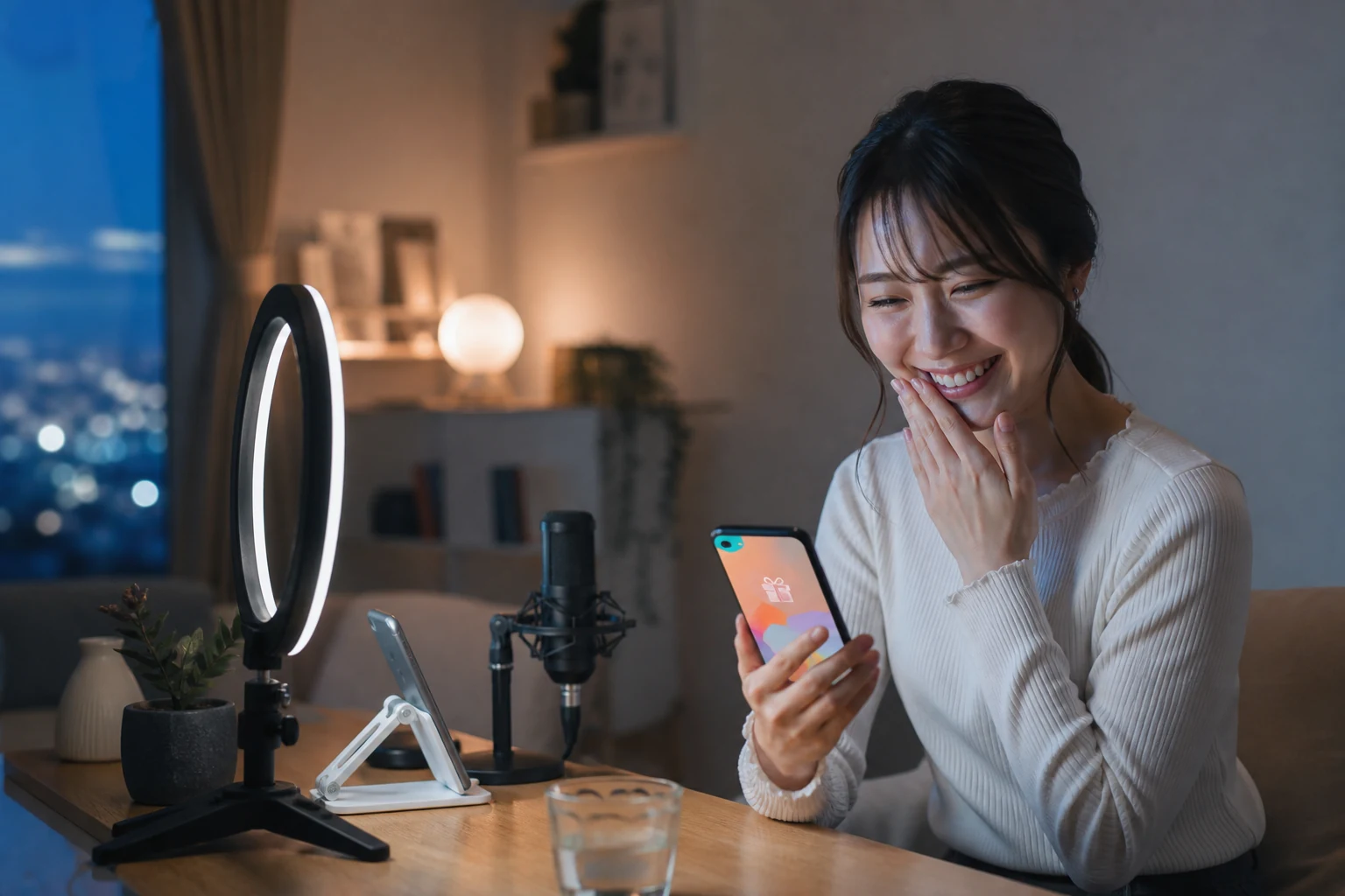 配信を終えた後にスマートフォンで初めての応援を確認するライバー