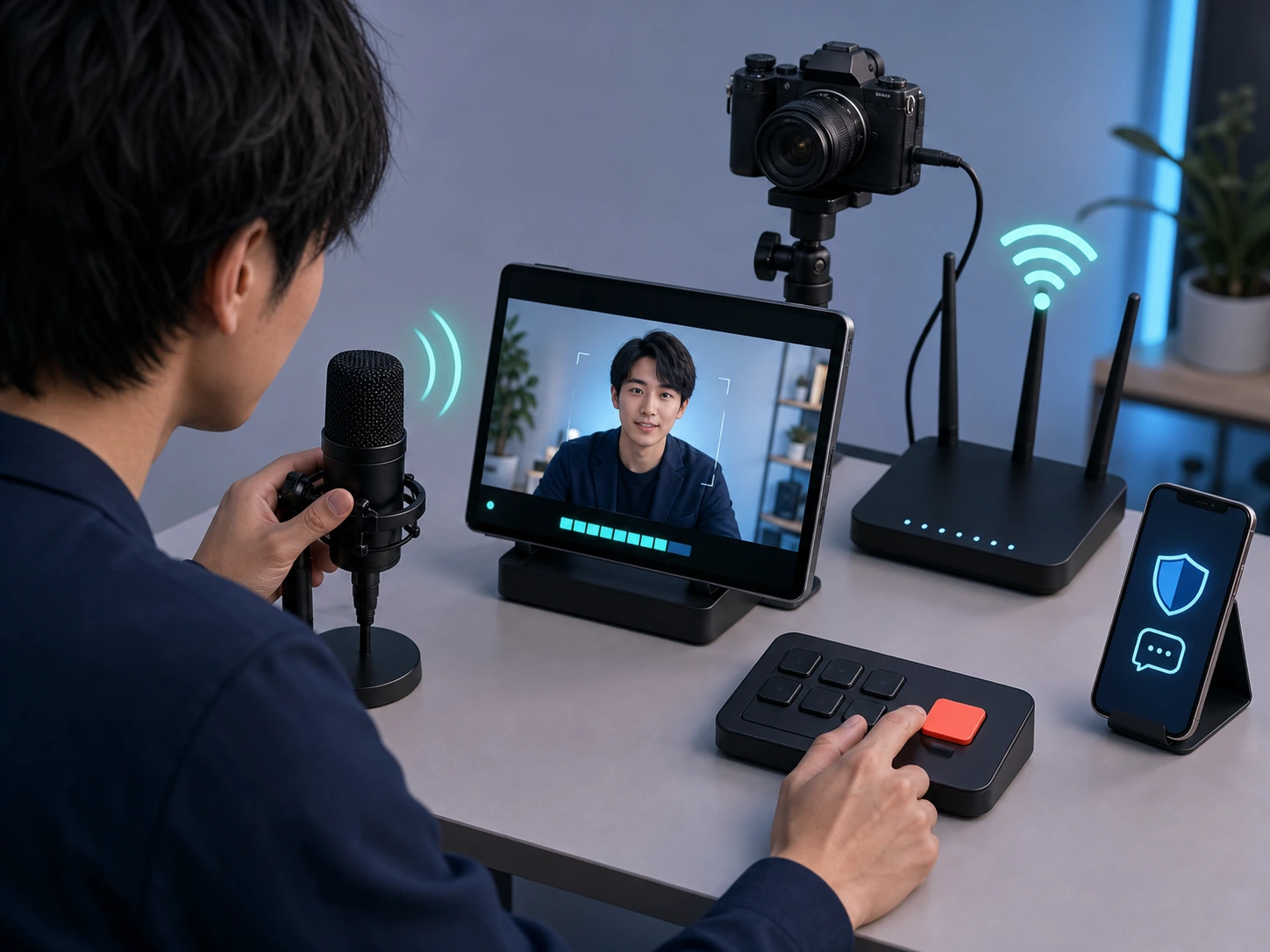 映像、マイク、通信設定、コメント管理、終了操作を開始前に確認する様子