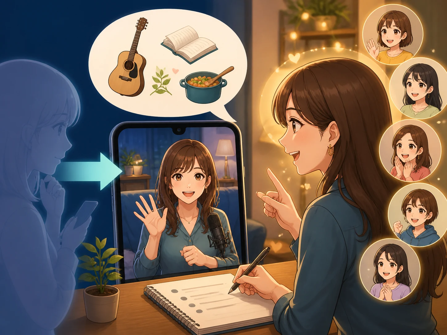 再訪した視聴者の名前と以前の趣味の話から会話を広げる様子
