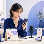 配信者がスマートフォンとカレンダーを見ながら配信告知を準備する様子