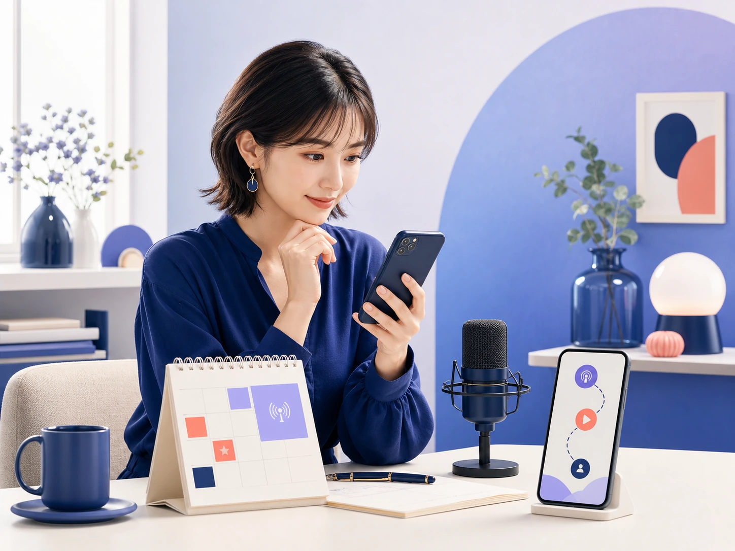 配信者がスマートフォンとカレンダーを見ながら配信告知を準備する様子