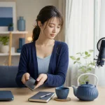 イベント配信の翌朝にスマートフォンを置いて気持ちを整える配信者