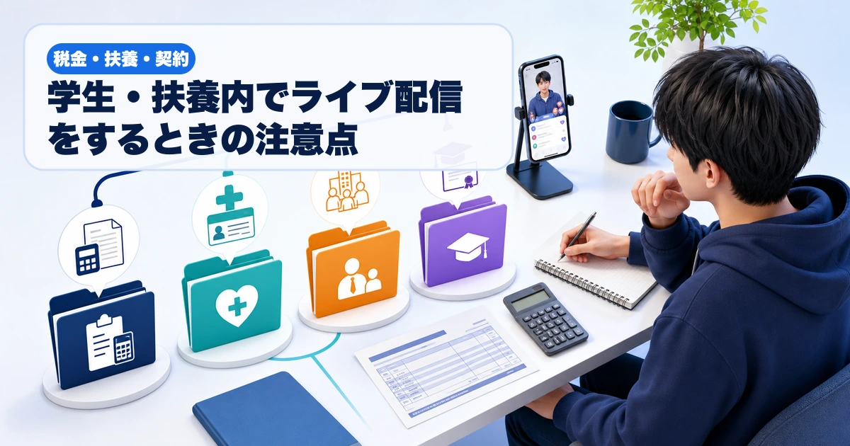 学生が税の扶養、健康保険、家族手当、修学支援を分けて確認するアイキャッチ