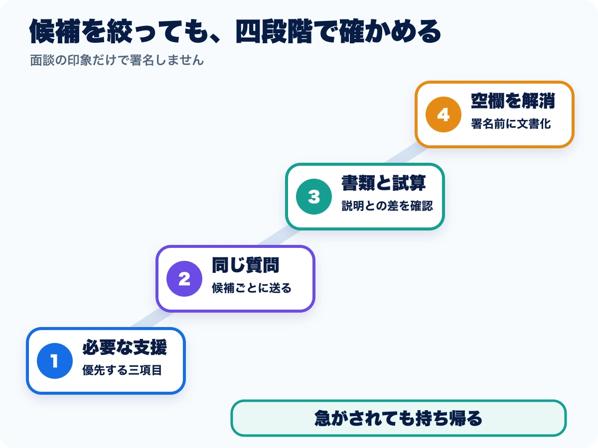 候補のライバー事務所へ同じ質問を送り文書をそろえて比較し署名前に確認する手順の図