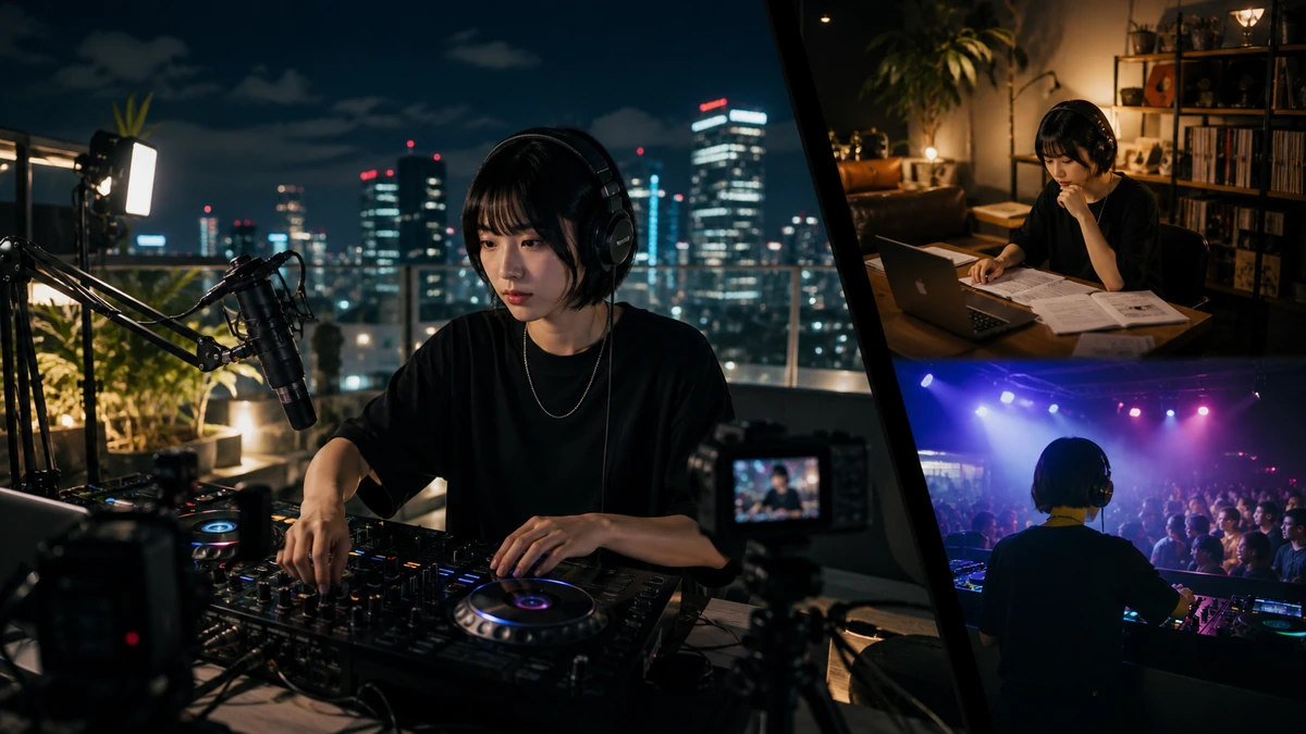Mixcloud Live（ミックスクラウドライブ）の特徴と始め方を場面で説明する画像